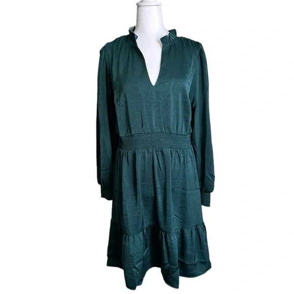 slim fit dress slacks Dark Green Solid Textured Smocked Puff Short Sleeve High Waist Long Dr –  Errabelly main image 0